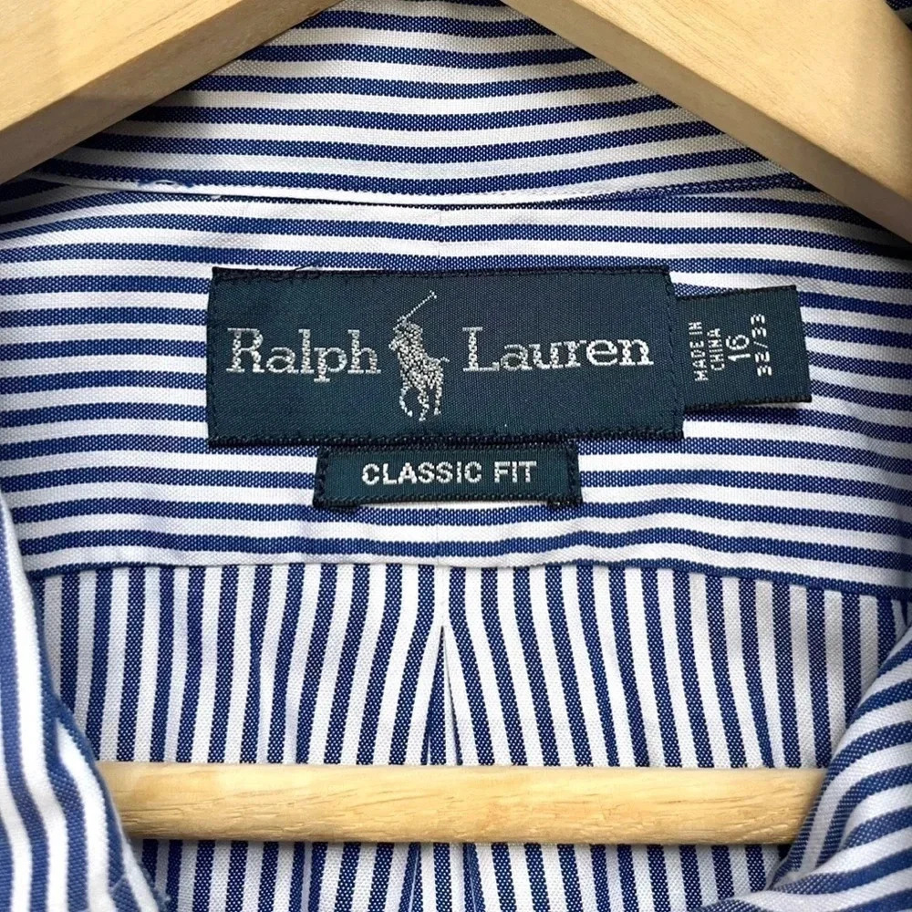 Vintage Ralph Lauren Classic Fit Navy Striped Button Down Shirt Size 16 - Picture 2 of 3